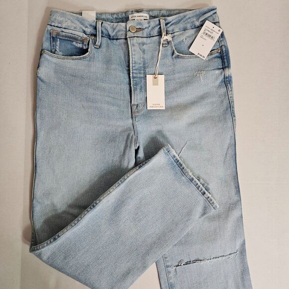 NWT Good American Women's Jeans Good Curve 10/30 Straight Destroyed Ankle Light - Picture 1 of 9